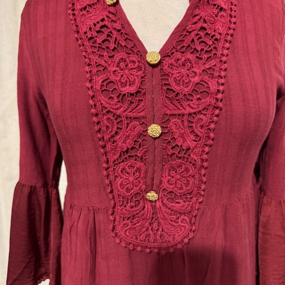Knox Rose Women Burgundy Lace Front Bell Sleeve Boho Peasant Cottagecore Dress M - Picture 4 of 13
